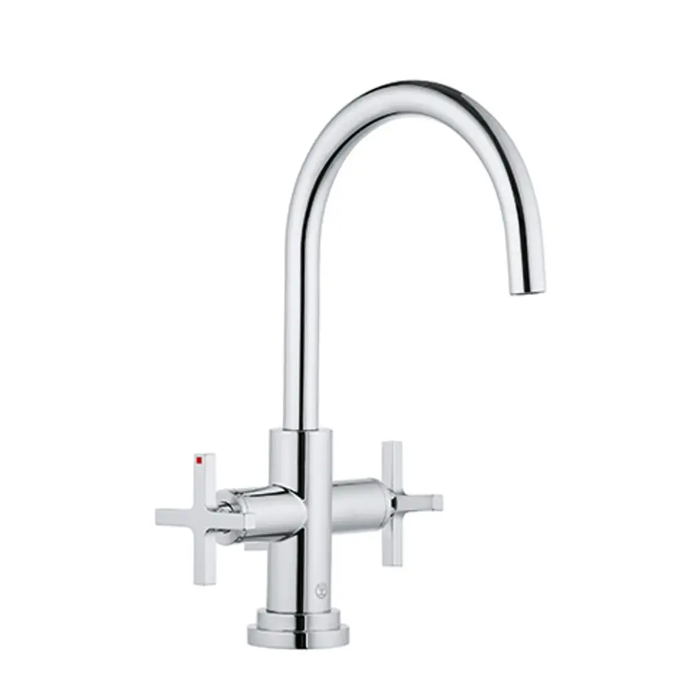 Waschtischarmatur in chrom von Kludi mit hohem Bogen und zwei Kreuzgriffen für Kalt- und Warmwasser. Einlochmontage, schlichtes Design.